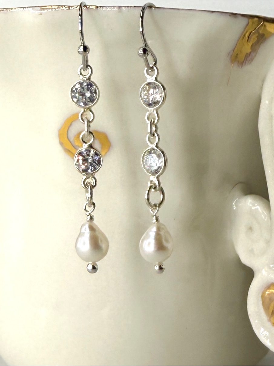 White Freshwater Pearl Drop Earrings, White Zircon Pearl Bridal Earrings